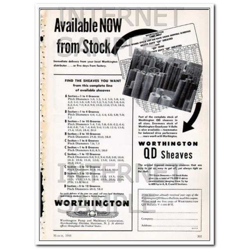 WORTHINGTON PUMP MACHINERY CORP 1948 available QD Sheaves vintage ad