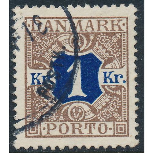 Denmark AFA P19/Scott J23, 1Kr brown/blue Postage Due, VF used stamp