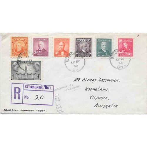Canada Prime Ministers ISSUE AIR MAIL 1953, Kitchener ONT to Australia