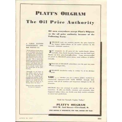 PLATTS OILGRAM 1937 Oil Price Authority subscribers media vintage ad