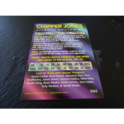 1994 Bowman Card # 353 Chipper Jones Excellent-Mint (6) Atlanta Braves