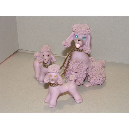 Vintage Pink Poodle Family Spaghetti Ceramic Blue Stone Eyes Mom Puppies