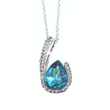 Silver Aquamarine Crystal Turquoise Blue CZ Pendant Necklace Gift