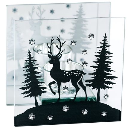 Christmas Stag Tealight Holder Glass Square 12 CM Gift Decoration Monochromatic