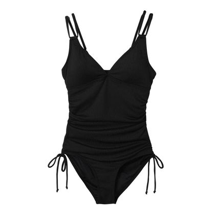 Black Adjustable Straps Ribbed Knit One Piece Swimsuit