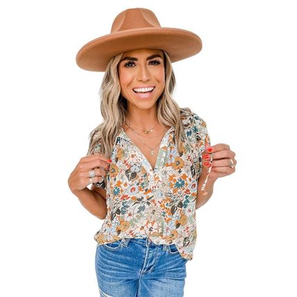 Multicolor Split V Neck Puff Sleeve Flower Print Blouse