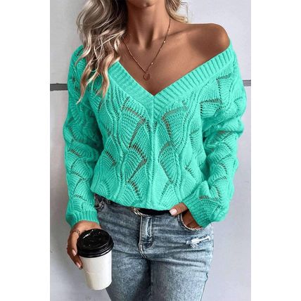 Mint Green Hollow Out Knit V Neck Drop Shoulder Sweater