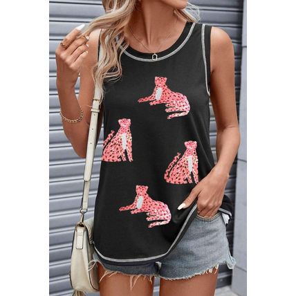 Black Sequin Cheetah Round Neck Stitching Loose Tank Top