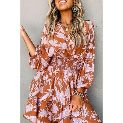 Brown Floral Puff Sleeve Smocked Waist Layered Dress