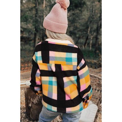Black Plaid Print Pocketed Half Button Collared Sweatshirt