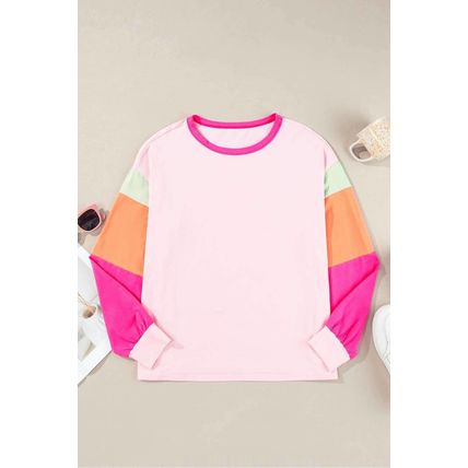 Pink Colorblock Patchwork Long Sleeve Loose Top