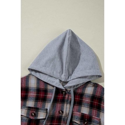 Red Plaid Print Chest Pocket Buttoned Hooded Shacket
