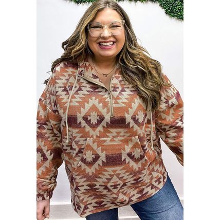 Red Plus Size Western Fashion Aztec Patterned Half Zip High Neck Hoodie