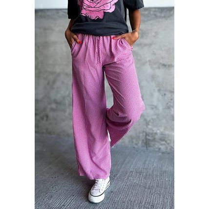 Pink Plaid Print Drawstring High Waist Wide Leg Casual Pants