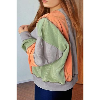 Light Grey Color Block Stitching Detail Half Zipper Sweatshirt