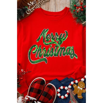 Red Merry Christmas Crewneck Drop Shoulder Loose Sweatshirt