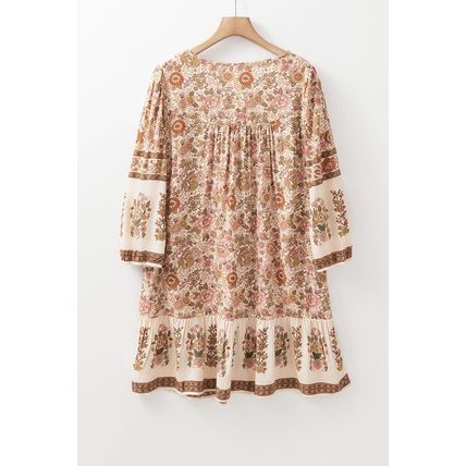 Apricot Floral Print Tassel Drawstring V Neck Loose Mini Dress