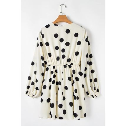 Beige Polka Dot Printed Surplice V Neck Puff Sleeve Mini Dress