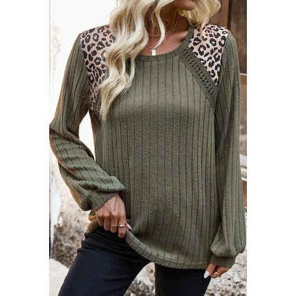 Moss Green Leopard Print Crochet Patchwork Rib Textured Knit Top