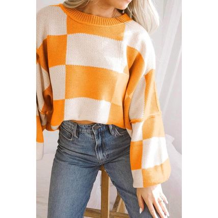 Orange Checkered Bishop Sleeve Sweater