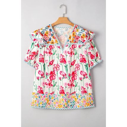 Pink Plus Size Floral Print Striped Trim V Neck Blouse