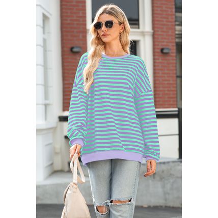 Blue Stripe Contrast Ribbed Trim Crossed Stitch Drop Shoulder Sweatshirt