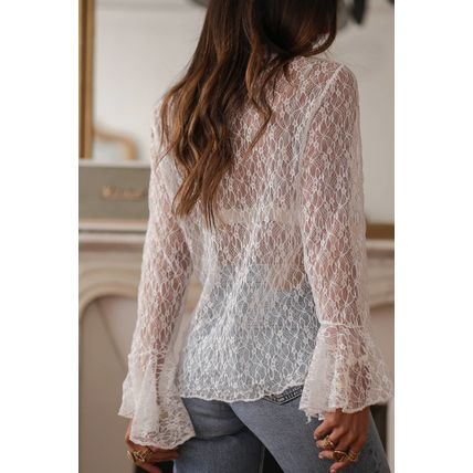 White Sheer Lace Bell Sleeve Mock Neck Blouse