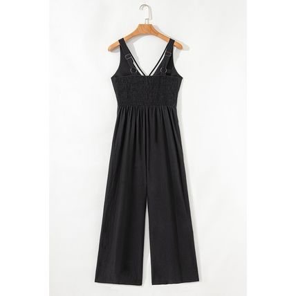 Black Front Cut Out Smocked Back Sleeveless Wide Leg Jumpsuit