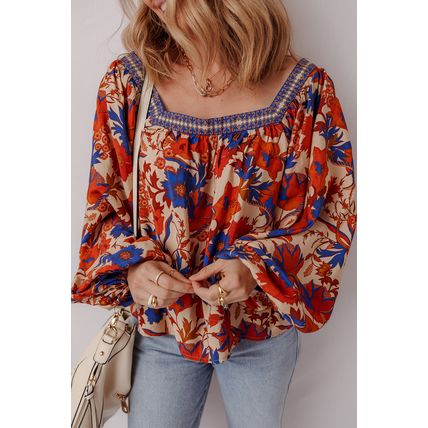 Multicolour Floral Print Square Neck Backless Loose Fit Blouse