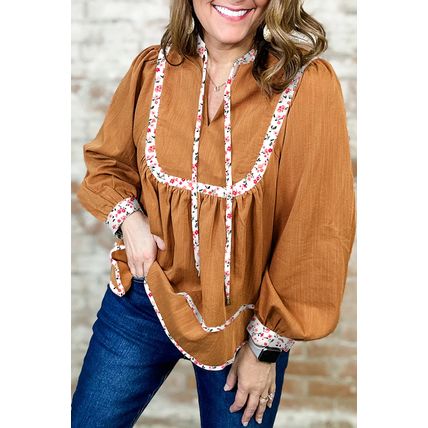 Straw Yellow Split Neck Pleated Floral Trim Long Puff Sleeve Blouse