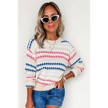 Khaki Stripe Eyelet Patterned Drop Shoulder Sweater