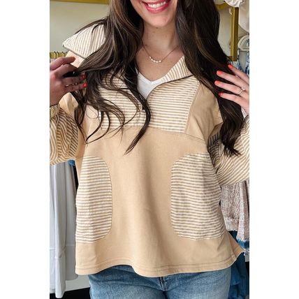 Smoke Gray Quarter Zip Striped Patchwork Drop Shoulder Loose Long Sleeve Top