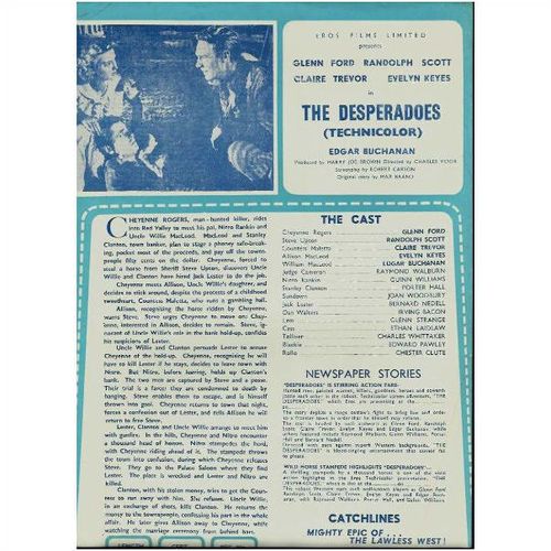 THE DESPERADOES Randolph Scott, Claire Trevor, Glenn Ford Press Sheet