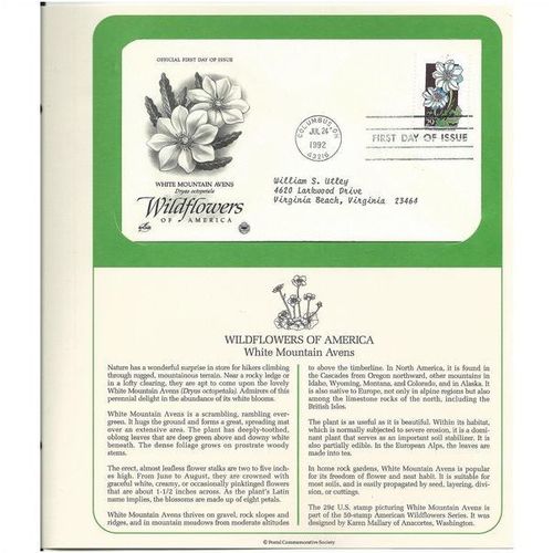 WILDFLOWERS OF AMERICA : WHITE MT AVENS 'OFFICIAL FIRST DAY of ISSUE ' (1992)