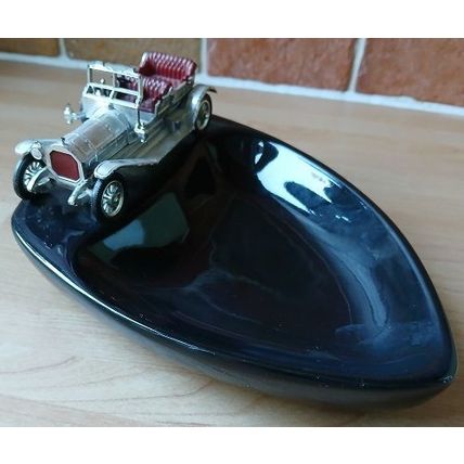 Black ceramic Ashtray with vintage automobile, retro, vintage