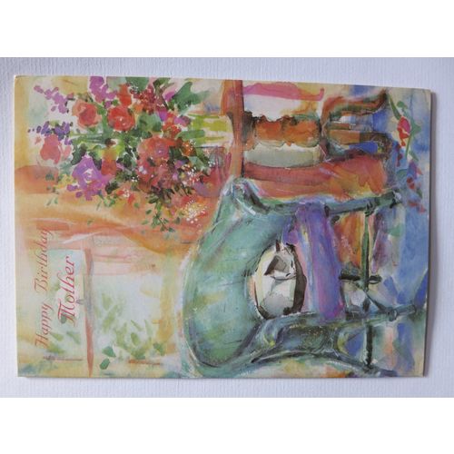 Happy Birthday Mother Cat Sleeping Armchair Flower Bouquet Card A5 Portrait