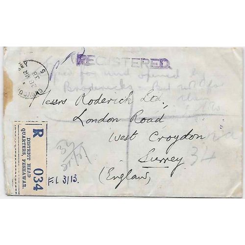 India Air Mail REGISTERED Cover FDC 1938 Peshawar to Surrey GB