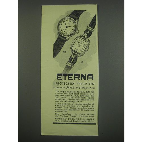 1949 Eterna No.106 and 115 Lady's watches Ad - Eterna protected precision