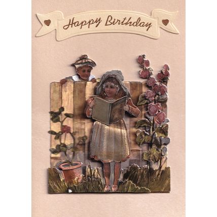 Girl Reading Book Nosey Parker Peeping Tom Fence 3D Card Ephemera