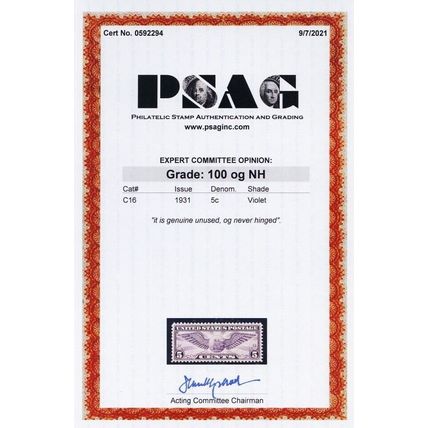 C16, Mint NH Superb GEM 5¢ With PSAG Graded 100 Certificate - Stuart Katz