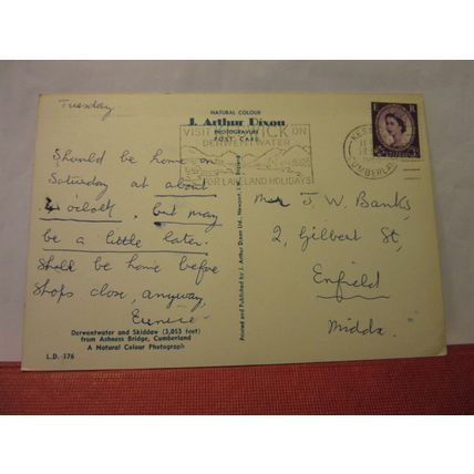 SKIDDAW and DERWENTWATER, CUMBRIA used postcard by J Arthur Dixon 1963 pm =