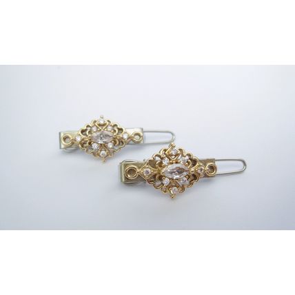 Two small tiny gold and clear crystal hair pin clip barrettes fine hair