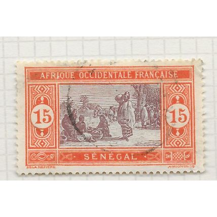 SENEGAL 1914 MARKET SCENE SELLERS BUYERS BOWLS BASKETS TREES HUTS USED 15c