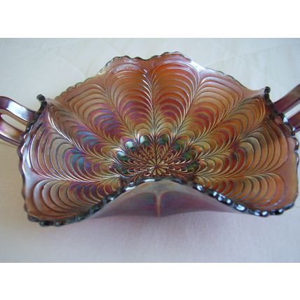 Antique Fenton Carnival Glass Peacock Tail Bon-Bon Dish Amber Iridescent Bowl
