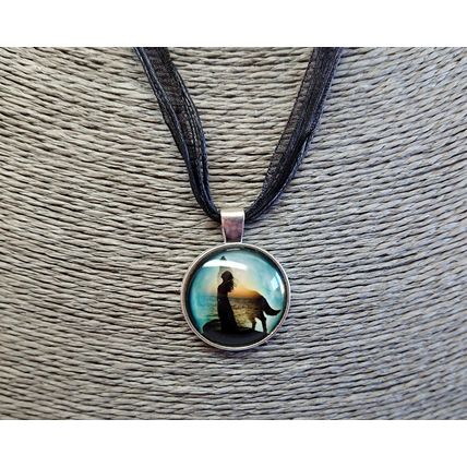 Wolf Dog Spirit Guide Glass Cabochon Pendant Black Organza Necklace Gift Boxed