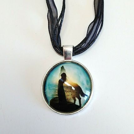 Wolf Dog Spirit Guide Glass Cabochon Pendant Black Organza Necklace Gift Boxed