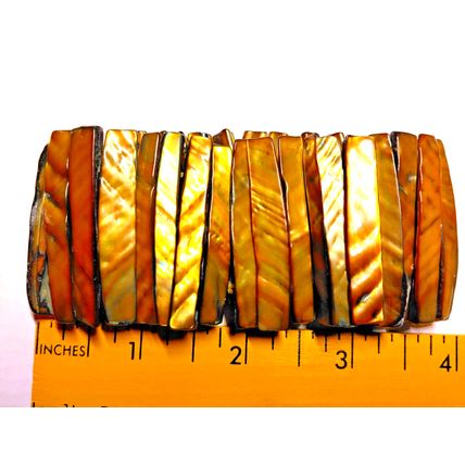 Vtg Mother Of Pearl Abalone Shell Stretch Cuff Bracelet Gold Brown Tones 1.5" W