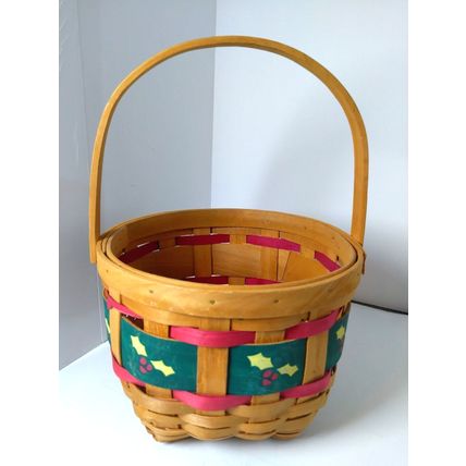 Round Christmas "Holly" Ribbon Basket - Lattice Type- Adorable! Farmhouse Decor