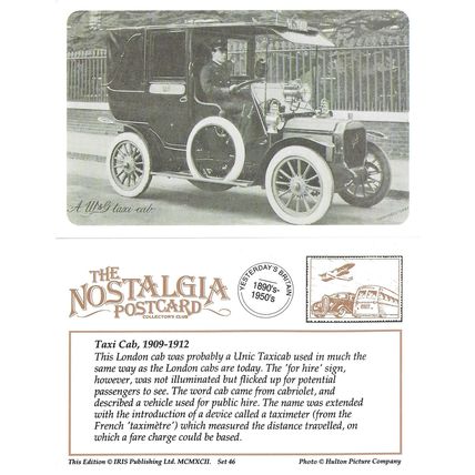 Postcard London Unic W&G Taxi Cab Hulton Photo 1909-1912 Taxicab - Nostalgia