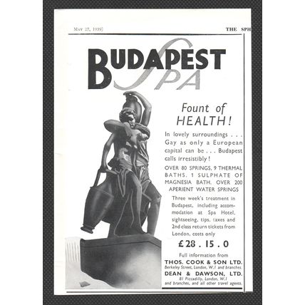 THOMAS COOK & SON Budapest Spa Holiday :- pre-war Original Vintage 1939 Advert